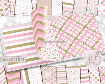 Pink and Gold Classic Scrapbook Paper Download • Patterned Geometric Design with Gold Glitter • Printable Paper Crafts 20 12x12 JPG & PDF
