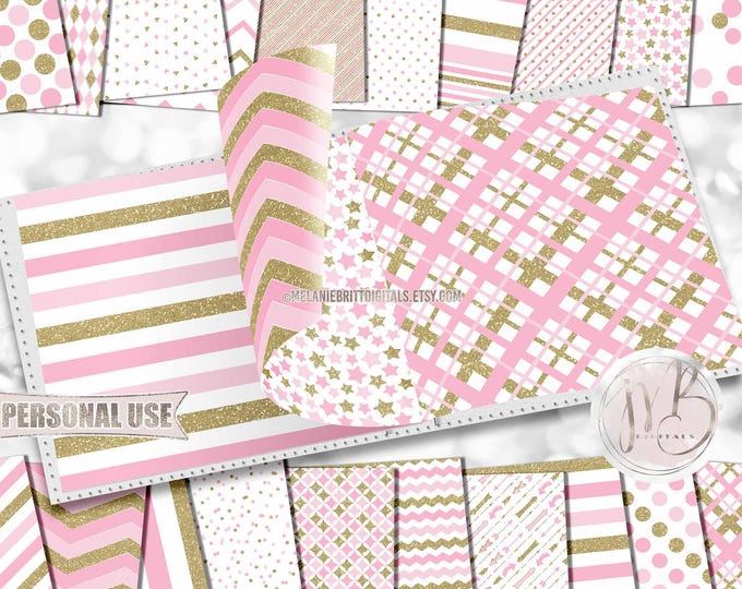 Pink and Gold Classic Scrapbook Paper Download • Patterned Geometric Design with Gold Glitter • Printable Paper Crafts 20 12x12 JPG & PDF