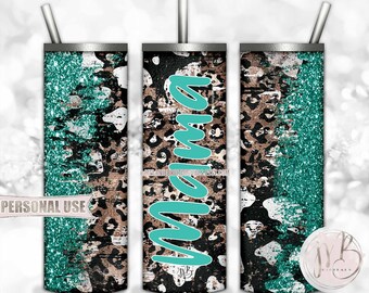 Turquoise Western Mama 20oz Skinny Tumbler Wrap Sublimation Download • Distressed Cow and Leopard Print • DIY Print and Press