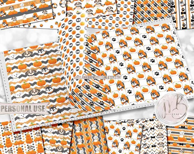 Halloween Puppy Scrapbook Paper Download • Orange and Gray Cute Costume Bandana Puppies Pumpkins • Scrapbooking Printable