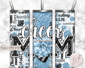 Light Blue Cheer Mom Glitter 20oz Skinny Tumbler Wrap Sublimation Design • Typography Pom Megaphone Cheer Mom Gift • DIY Print & Press