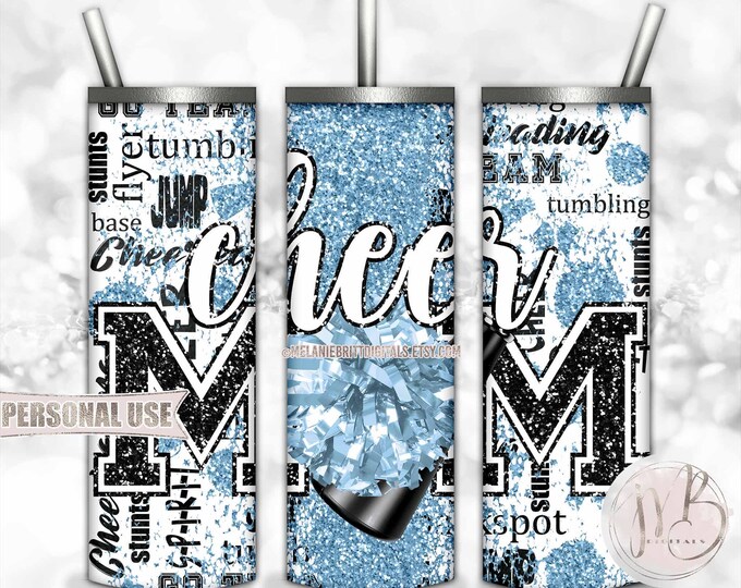 Light Blue Cheer Mom Glitter 20oz Skinny Tumbler Wrap Sublimation Design • Typography Pom Megaphone Cheer Mom Gift • DIY Print & Press