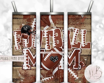 Football Mom 20oz Skinny Tumbler Wrap Sublimation Design • Black Football Helmet Distressed Wood Football Mom Gift • DIY Print and Press