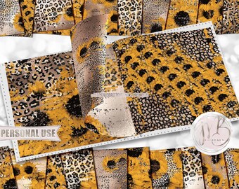 Distressed Leopard and Sunflowers Scrapbook Paper Download • Autumn Floral and Leopard Foil • Printable Paper Crafts 20 12x12 JPG & PDF