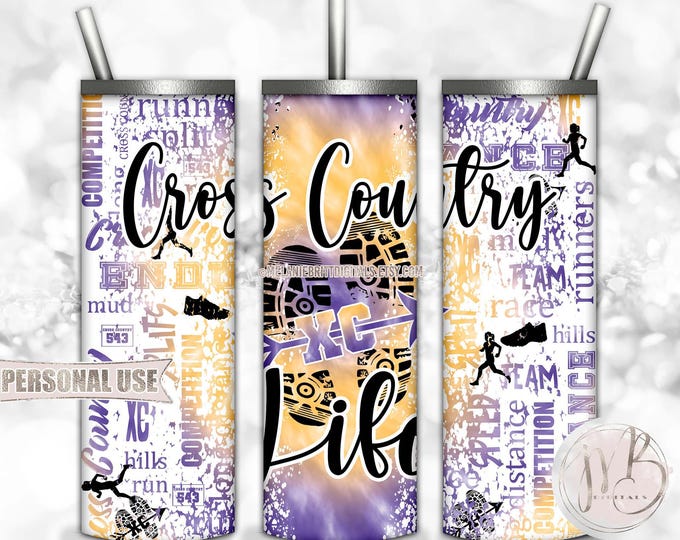 Girl Cross Country Life 20oz Skinny Tumbler Wrap Sublimation Design • Purple and Athletic Gold Tie Dye Endurance Running • DIY Print & Press