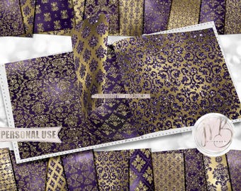 Dark Purple and Gold Damask Scrapbook Paper Download • Victorian Damask Glitter and Foil Design • Printable Paper Crafts 20 12x12 JPG PDF