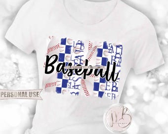 Blue Baseball T-Shirt Sublimation Design Download • Sport Brush Strokes Collage Wordart Checkered Baseball Shirt Gift • DIY Print & Press