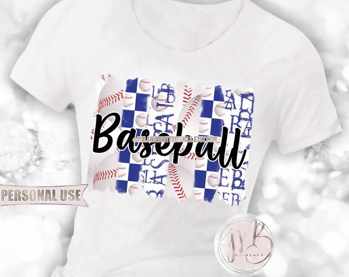 Blue Baseball T-Shirt Sublimation Design Download • Sport Brush Strokes Collage Wordart Checkered Baseball Shirt Gift • DIY Print & Press