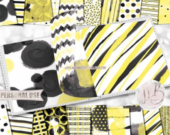 Black and Yellow Watercolor Scrapbook Paper Download • Hand Painted Patterned Watercolor Design • Printable Paper Crafts 20 12x12 JPG & PDF