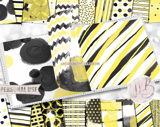 Watercolor Scrapbook Paper Download • Black and Yellow Hand Painted Patterned Watercolor • Scrapbooking Printable