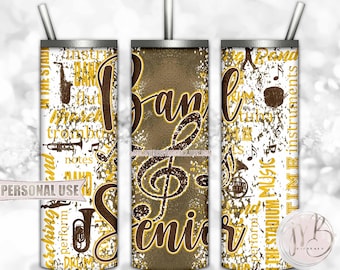 Brown and Yellow Band Senior 20oz Skinny Tumbler Wrap Sublimation Download • Marching Band Typography Graduation Gift • DIY Print & Press