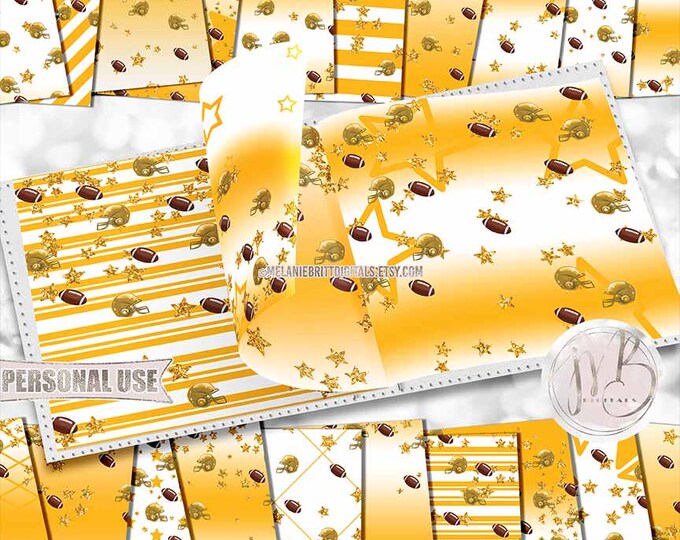 Ombre Athletic Gold All Star Football Scrapbook Paper Download • Confetti Football Helmets Glitter Stars • Scrapbooking Printable