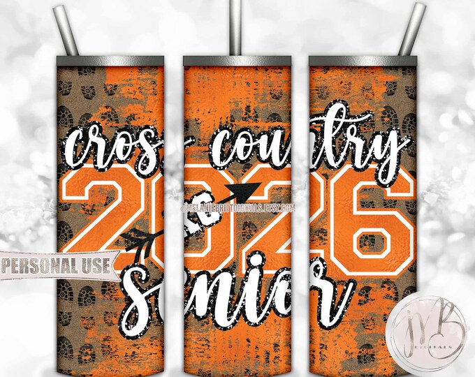 Orange Cross Country XC Senior 2026 20oz Skinny Tumbler Wrap Sublimation Design Download • Terrain Endurance Running • DIY Print and Press