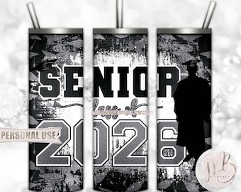 Silver Boy Graduation Senior 2026 20oz Skinny Tumbler Wrap Sublimation Download • Graduation Cap Senior Graduate Gift • DIY Print and Press