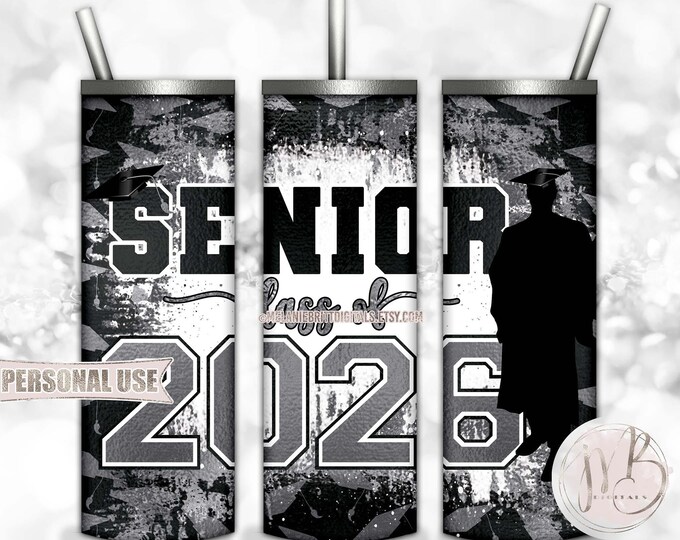 Silver Boy Graduation Senior 2026 20oz Skinny Tumbler Wrap Sublimation Download • Graduation Cap Senior Graduate Gift • DIY Print and Press