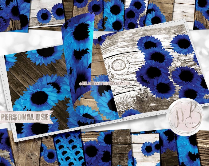 Blue Sunflowers Scrapbook Paper Download • Bright Sunflowers and Rustic Wood Design • Printable Paper Crafts 20 12x12 JPG & PDF