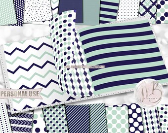 Navy Blue and Mint Green Classic Scrapbook Paper Download • Patterned Geometric Design • DIY Printable Paper Crafts 20 12x12 JPG & PDF