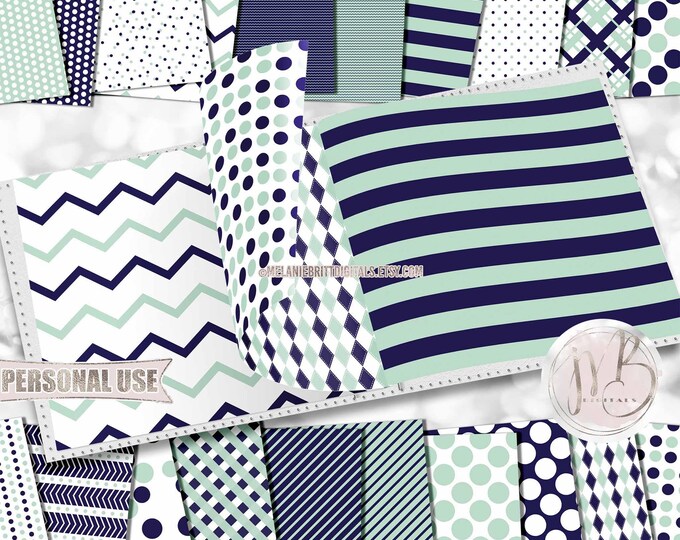 Navy Blue and Mint Green Classic Scrapbook Paper Download • Patterned Geometric Design • DIY Printable Paper Crafts 20 12x12 JPG & PDF