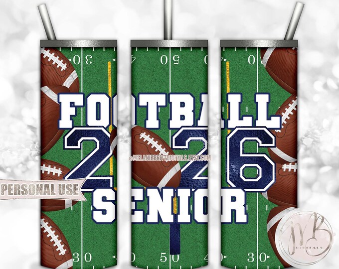 Navy Football Senior 2026 20oz Skinny Tumbler Wrap Sublimation Design Download • Football Field Senior Grad Gift • DIY Print and Press