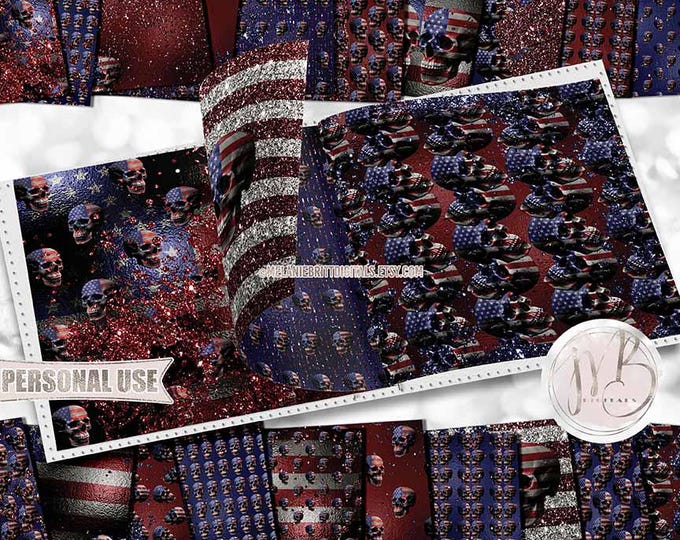 Patriotic Glam Skulls Scrapbook Paper Download • USA Flag America Fallen Hero Not Forgotten Veteran • Scrapbooking Printable
