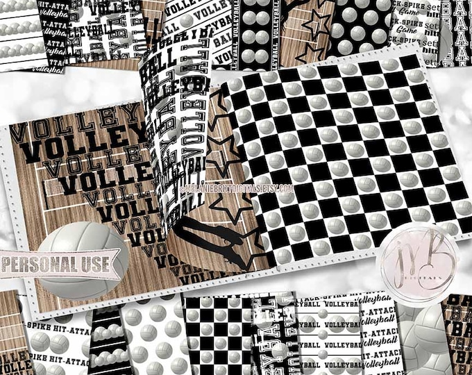Black Volleyball Scrapbook Paper Download • Player Silhouettes Court Net School Sports  • Scrapbooking Printable