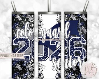 Navy Blue and Silver Color Guard Senior 2026 20oz Skinny Tumbler Wrap Sublimation Design • Flag Performance Grad Gift • DIY Print and Press