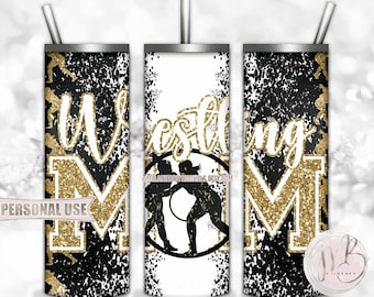 Old Gold Girl Wrestling Mom 20oz Skinny Tumbler Wrap Sublimation Download • Glitter Varsity Letters Wrestler Mom Gift • DIY Print & Press