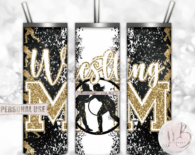 Old Gold Girl Wrestling Mom 20oz Skinny Tumbler Wrap Sublimation Download • Glitter Varsity Letters Wrestler Mom Gift • DIY Print & Press
