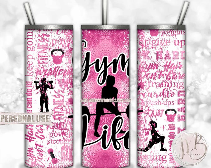 Pink Girl Gym Life 20oz Skinny Tumbler Wrap Sublimation Design • Fitness Typography Weights Workout Gift for Women • DIY Print and Press