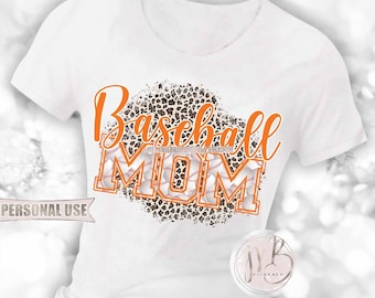 Orange Baseball Mom T-Shirt Sublimation Design Download • Classic Leopard Print Baseball Varsity Letters Mom Gift • DIY Print and Press