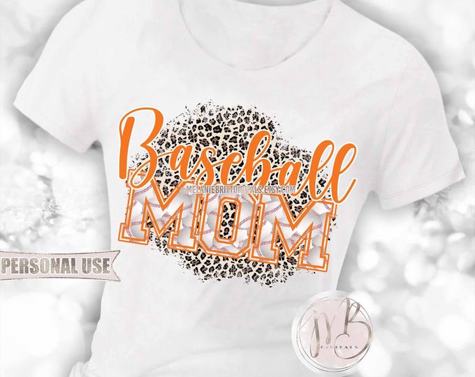 Orange Baseball Mom T-Shirt Sublimation Design Download • Classic Leopard Print Baseball Varsity Letters Mom Gift • DIY Print and Press