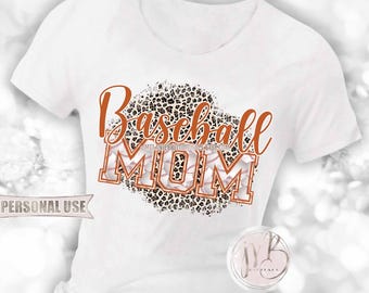 Dark Orange Baseball Mom T-Shirt Sublimation Design Download • Classic Leopard Print Baseball Varsity Letters Mom Gift • DIY Print and Press