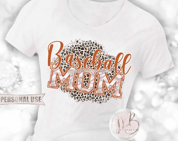 Dark Orange Baseball Mom T-Shirt Sublimation Design Download • Classic Leopard Print Baseball Varsity Letters Mom Gift • DIY Print and Press
