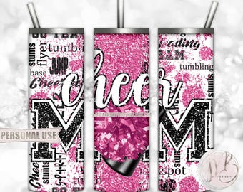 Hot Pink Cheer Mom Glitter 20oz Skinny Tumbler Wrap Sublimation Design • Typography Pom Megaphone Cheer Mom Gift • DIY Print & Press