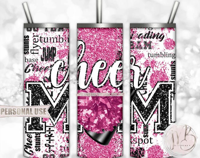 Hot Pink Cheer Mom Glitter 20oz Skinny Tumbler Wrap Sublimation Design • Typography Pom Megaphone Cheer Mom Gift • DIY Print & Press