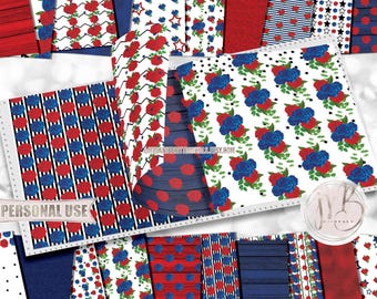 Patriotic Scrapbook Paper Download • Roses Stars Rustic Wood Glitter and Foil • Printable Paper Crafts 20 12x12 JPG & PDF