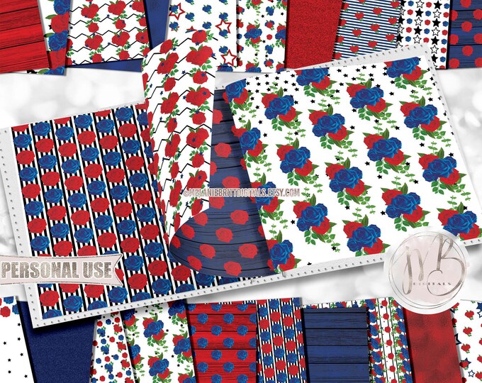 Patriotic Scrapbook Paper Download • Roses Stars Rustic Wood Glitter and Foil • Printable Paper Crafts 20 12x12 JPG & PDF