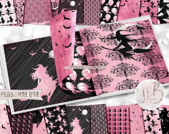 Pink Happy Halloween Witches Scrapbook Paper Download • Good Witch Wicked Witch Grunge Design • Printable Paper Crafts 20 12x12 JPG & PDF