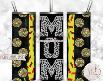 Bling Softball Mom 20oz Skinny Tumbler Wrap Sublimation Design • Diamonds Sports Mom Rhinestone Softballs Ball Mom Gift • DIY Print & Press