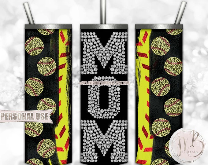 Bling Softball Mom 20oz Skinny Tumbler Wrap Sublimation Design • Diamonds Sports Mom Rhinestone Softballs Ball Mom Gift • DIY Print & Press