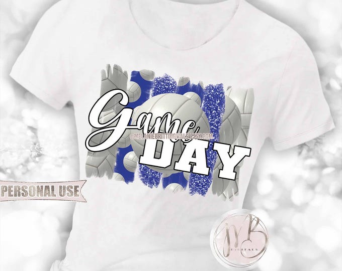 Blue Volleyball "Game Day" T-Shirt Sublimation Download • Glitter Sport Brush Strokes Volleyball Shirt Gift • DIY Print and Press