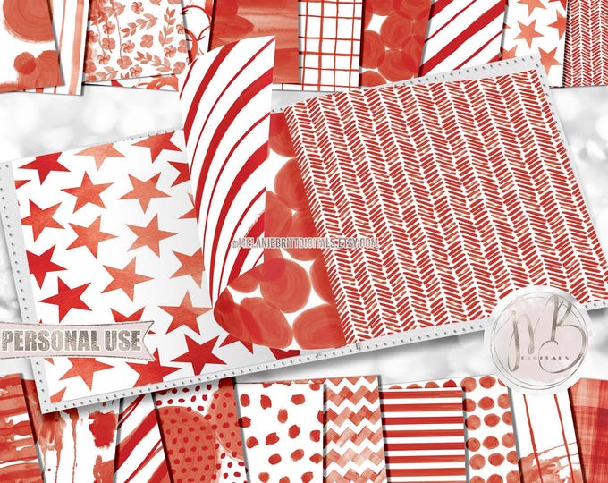Watercolor Scrapbook Paper Download • Red Patterned Paper Messy Painted Design • DIY Printable Paper Crafts 20 12x12 JPG & PDF