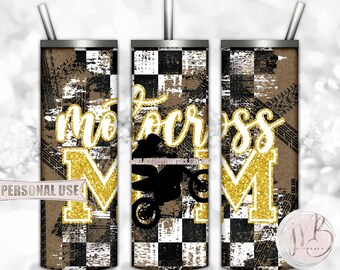 Yellow Girl Motocross Mom 20oz Skinny Tumbler Wrap Sublimation Design • Tire Tracks Checkered Flag Dirt Bike Mom Gift • DIY Print & Press