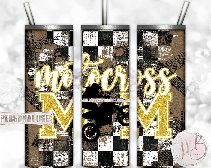 Yellow Girl Motocross Mom 20oz Skinny Tumbler Sublimation Download • Tire Tracks Checkered Flag Dirt Bike Mom Gift • DIY Print & Press