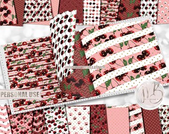 Cherries Scrapbook Paper Download • Red and Pink Realistic Cherry Design Gold Glitter Design • Printable Paper Crafts 20 12x12 JPG & PDF