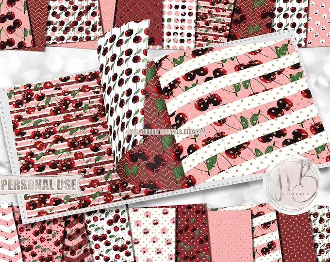 Cherries Scrapbook Paper Download • Red and Pink Realistic Cherry Design Gold Glitter Design • Printable Paper Crafts 20 12x12 JPG & PDF