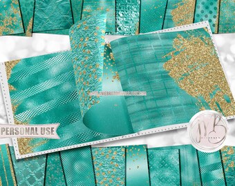 Teal and Gold Glam Scrapbook Paper Download • Sparkling Glitter and Shimmering Foil Design • Printable Paper Crafts 20 12x12 JPG & PDF