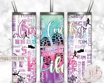 Girl Cross Country Life 20oz Skinny Tumbler Wrap Sublimation Download • Rainbow Tie Dye Terrain Endurance Running Gift • DIY Print & Press