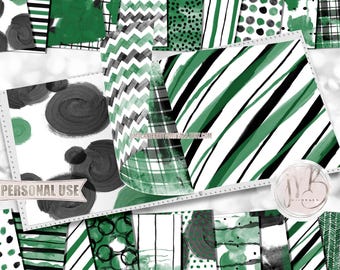 Green and Black Watercolor Scrapbook Paper Download • Hand Painted Patterned Watercolor Design • Printable Paper Crafts 20 12x12 JPG PDF