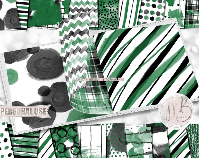 Green and Black Watercolor Scrapbook Paper Download • Hand Painted Patterned Watercolor Design • Printable Paper Crafts 20 12x12 JPG PDF